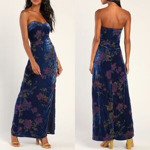 NEW LULUS Exquisite BLUE FLORAL Burnout VELVET Strapless MAXI DRESS Gown